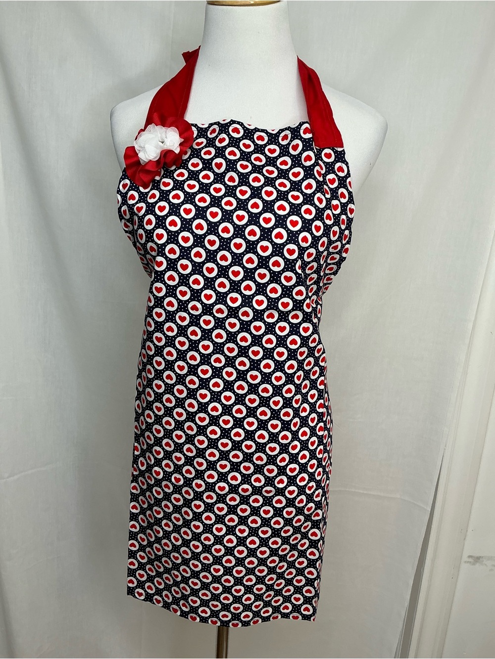 2100 - Red & Navy Polka Heart Halter Apron